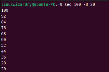 print sequence of numbers backward