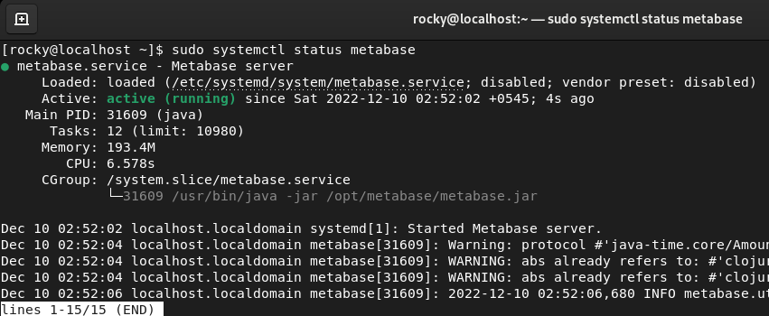 metabase service active and running